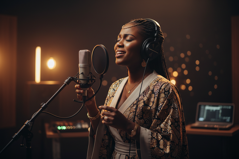 cinematic gospel music artist in studio or on stage, dark background, warm lighting, microphone and headphones, worship and performance atmosphere, modern gospel music aesthetic, premium, emotional, clean composition, Afrocentric feel
